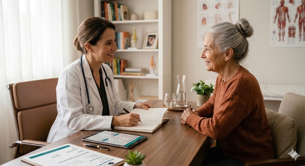 Consulta médica: profissional e paciente em conversa num consultório