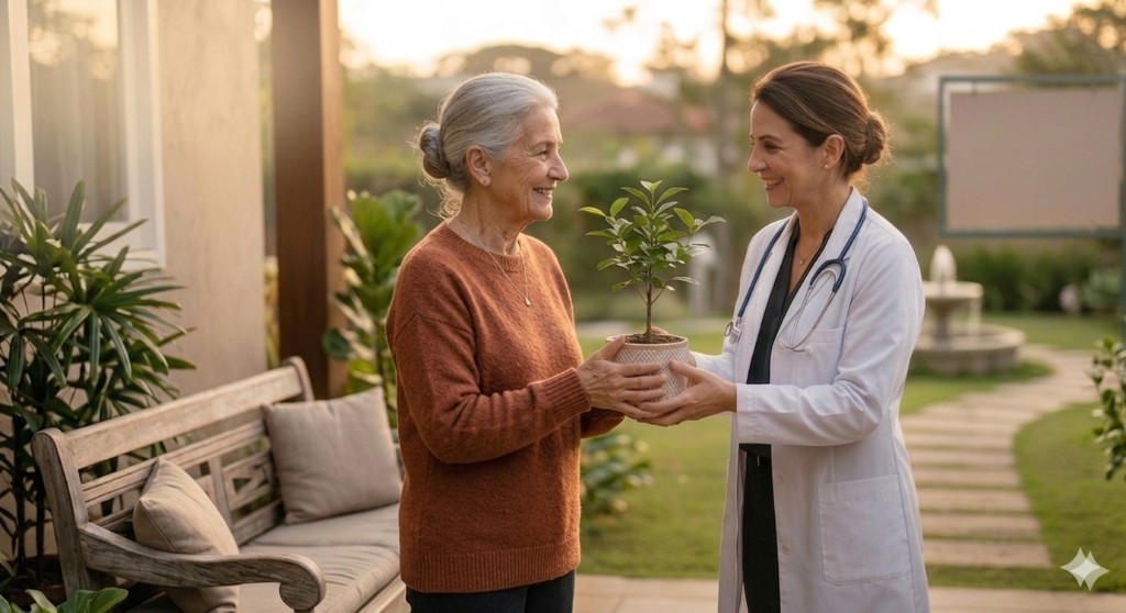 Médica e paciente idosa ao ar livre, sorrindo enquanto seguram juntos um vaso com planta em jardim ao entardecer